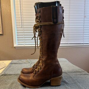 Women's Brown Lace-Up Leather Knee-High Boots